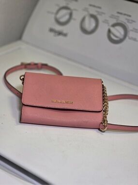 Michael Kors Pink Leather Chain-Accent Crossbody Wallet